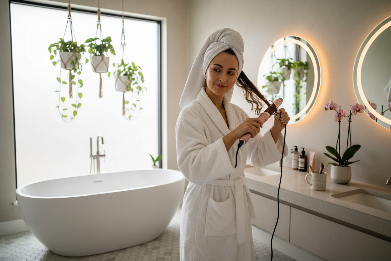 jolie filles utilisant se boucler dans sa salle de bain