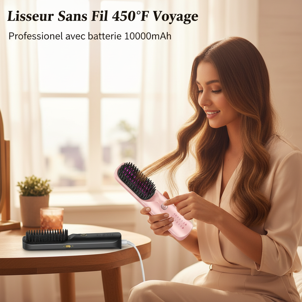 Cordless Hair Straightener Brush 450°F Adjustable Temp 30s Fast Heating 10000mAh Travel Wireless Straightening Comb Adult Kids