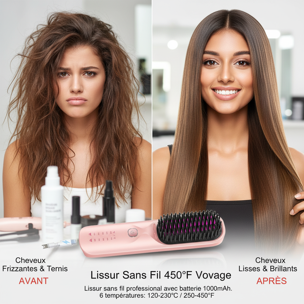 Cordless Hair Straightener Brush 450°F Adjustable Temp 30s Fast Heating 10000mAh Travel Wireless Straightening Comb Adult Kids