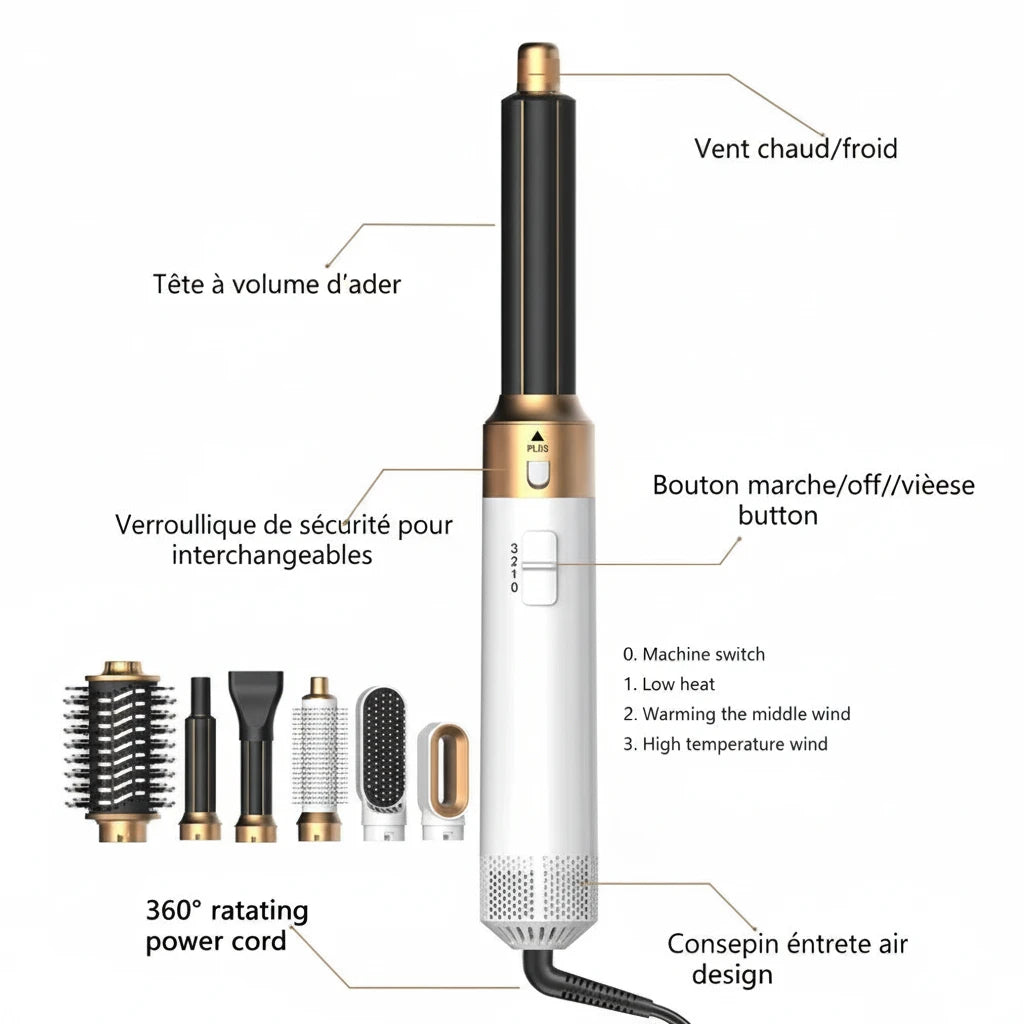 6 in 1 Hair Dryer Brush Detachable Airflow Comb Curler Straightening Brush Heat Control Styler for Smooth Hair