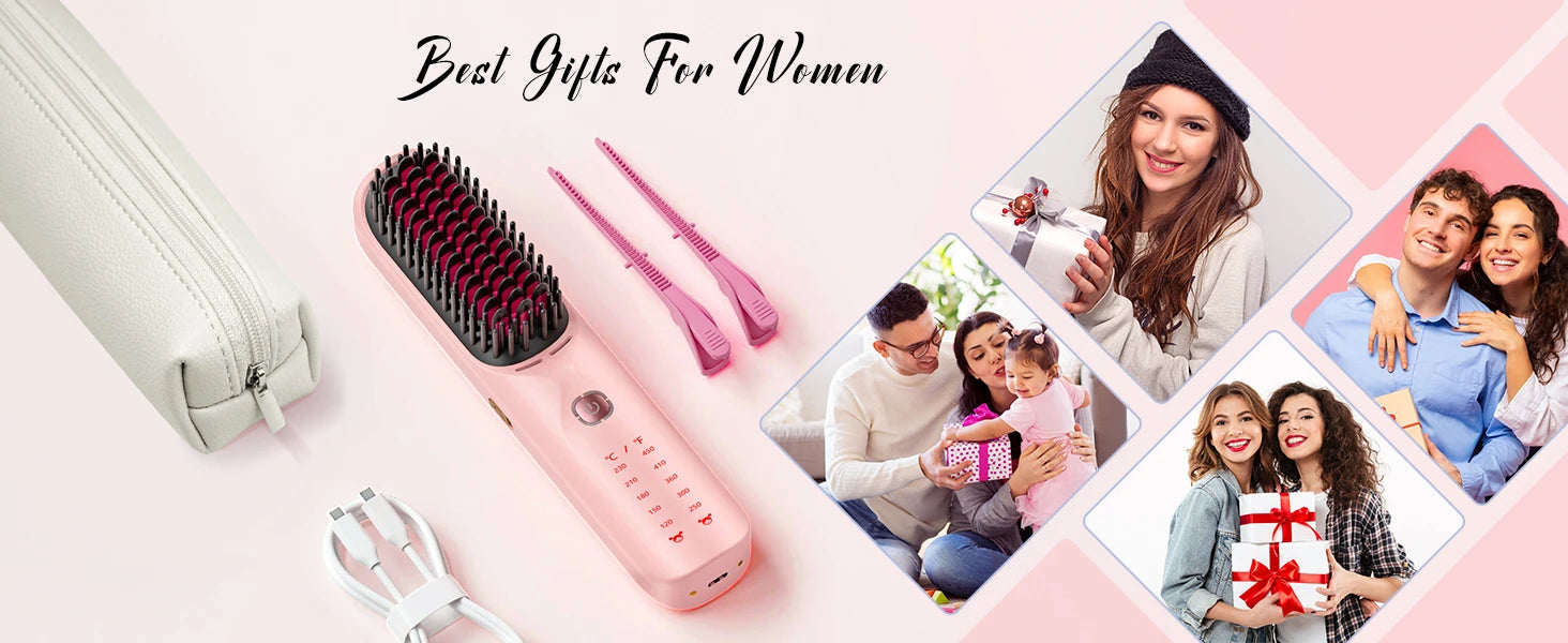 Cordless Hair Straightener Brush 450°F Adjustable Temp 30s Fast Heating 10000mAh Travel Wireless Straightening Comb Adult Kids