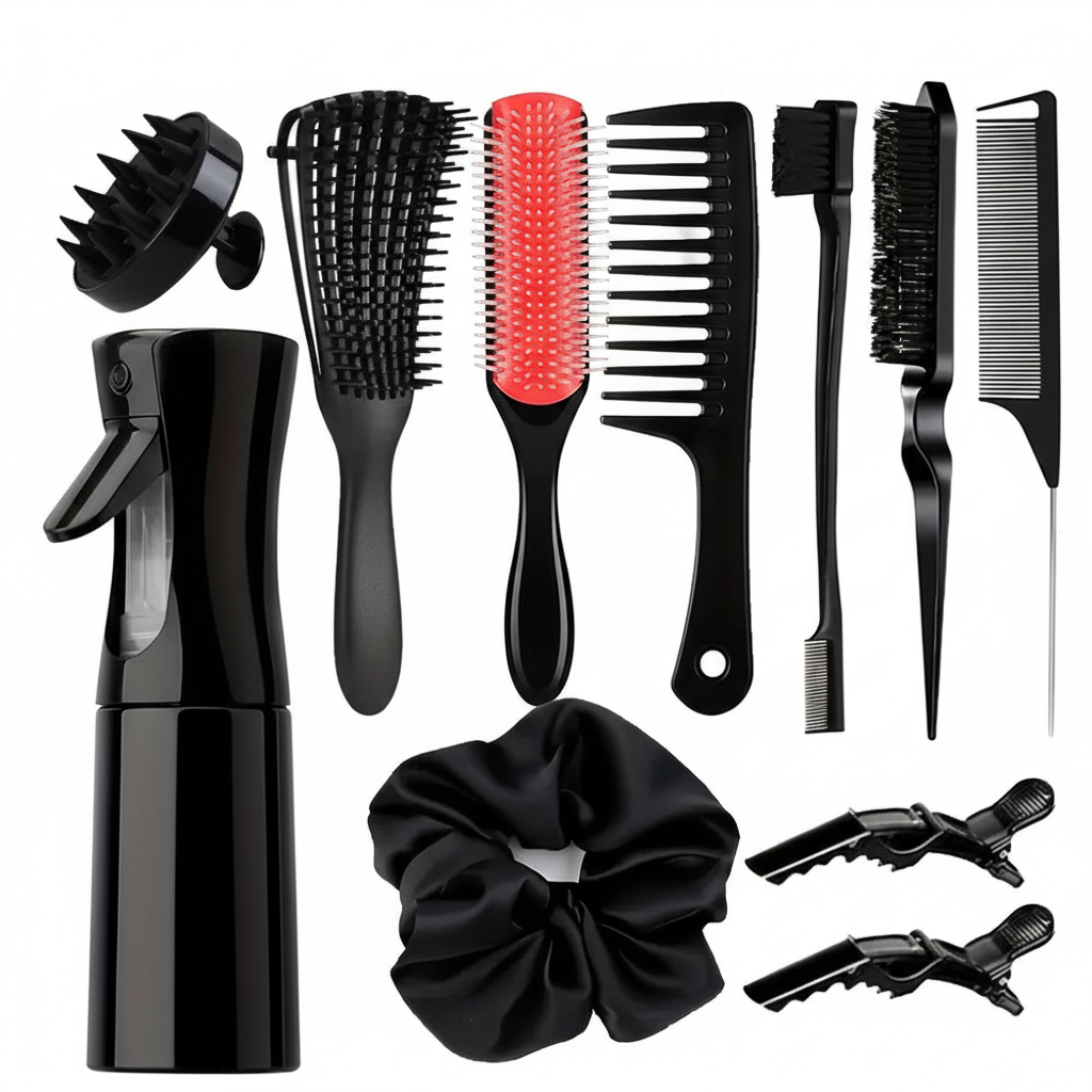 11pcs Hair Care Kit for Wet Dry Curly Hair - Curl Enhancing Unscented Styling Tools Set with Mist Bottle, Hair Brush, Wide Tooth
