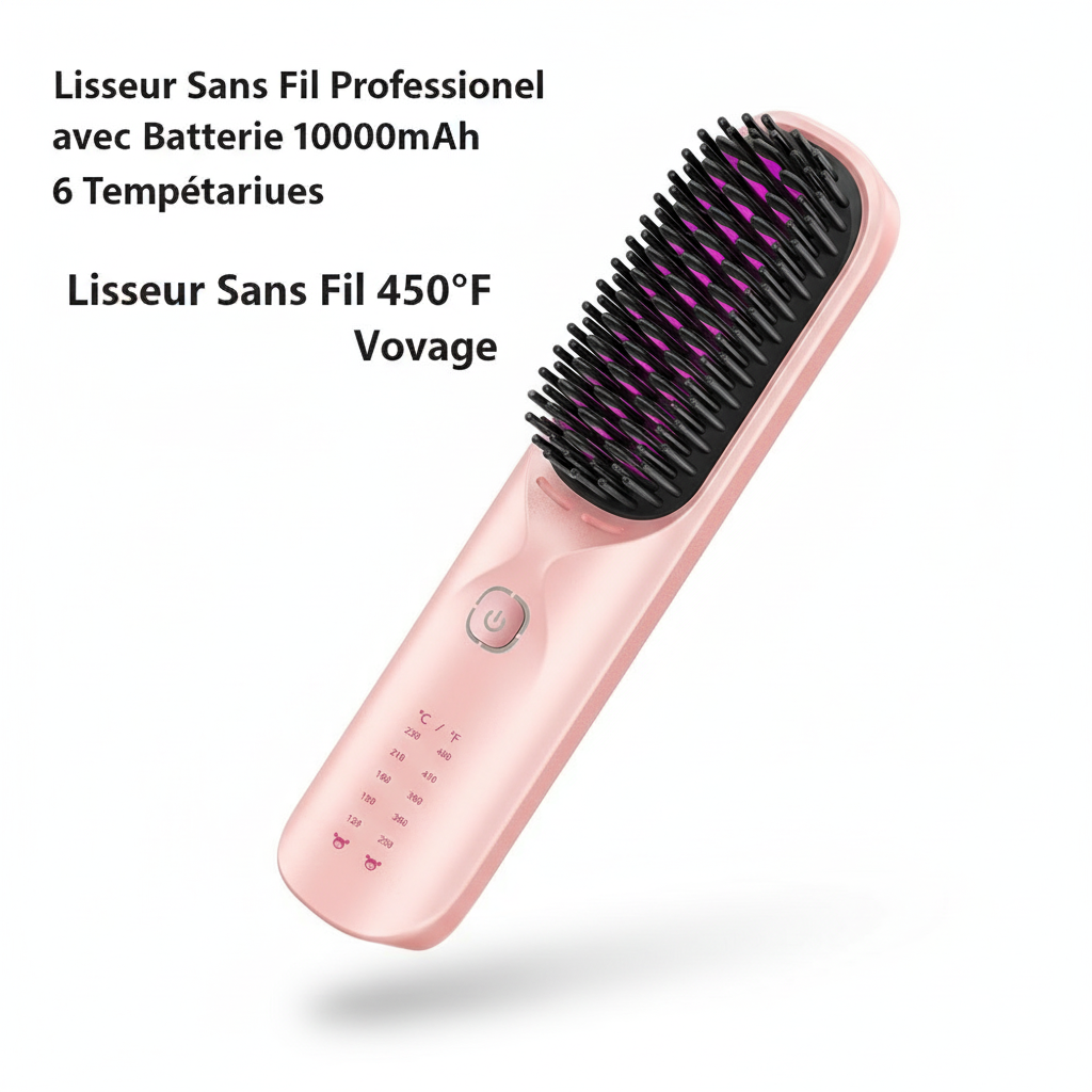 Cordless Hair Straightener Brush 450°F Adjustable Temp 30s Fast Heating 10000mAh Travel Wireless Straightening Comb Adult Kids